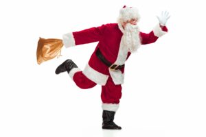 portrait man santa claus costume with luxurious white beard santa s hat red costume full length running isolated white